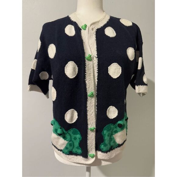 Bellepoint Knit top frog polka dots print S short sleeve frog buttons - Picture 1 of 9